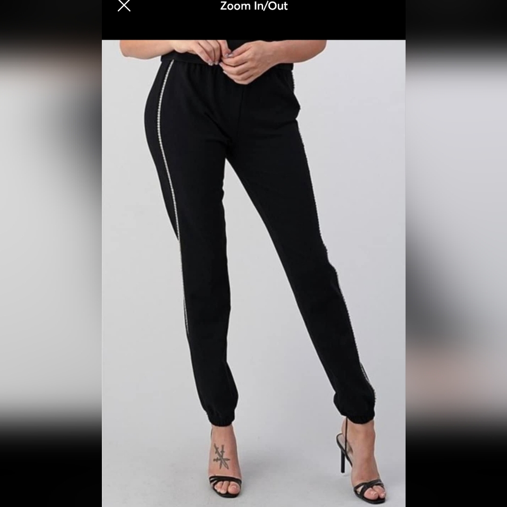 Elegant Black Joggers with Side Rhinestons